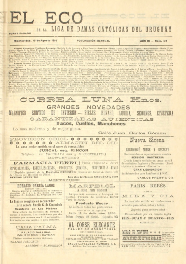 EL ECO (DE LA LIGA DE LAS DAMAS CATOLICAS DEL URUGUAY) del 15/08/1914